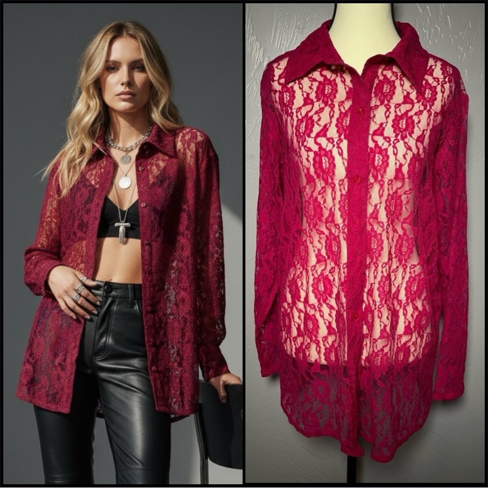 Vintage Z Studio Lace Button Up Long Blouse in A Gorgeous Cranberry Color - Picture 2 of 10